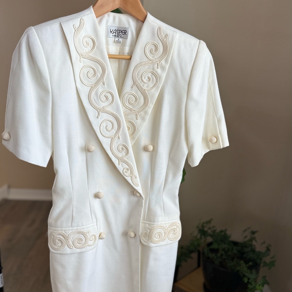 Vintage Kasper Cream Double-Breasted Dress with Embroidery